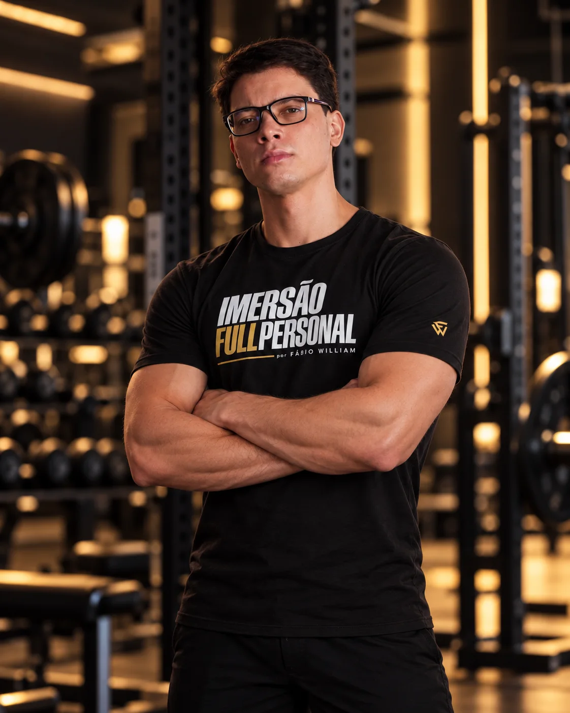 Fábio William, de braços cruzados na academia, vestindo a camiseta da Imersão Full Personal